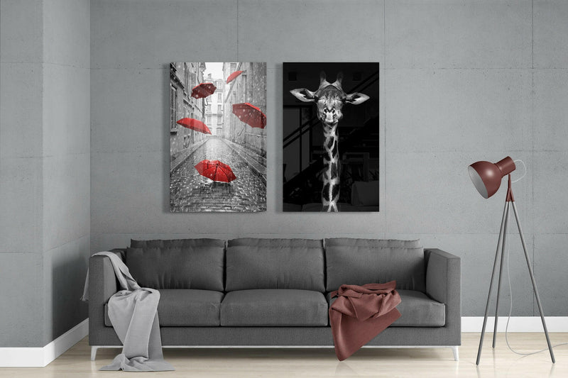Giraffe and Umbrellas 2 Pieces Combine Glass Wall Art