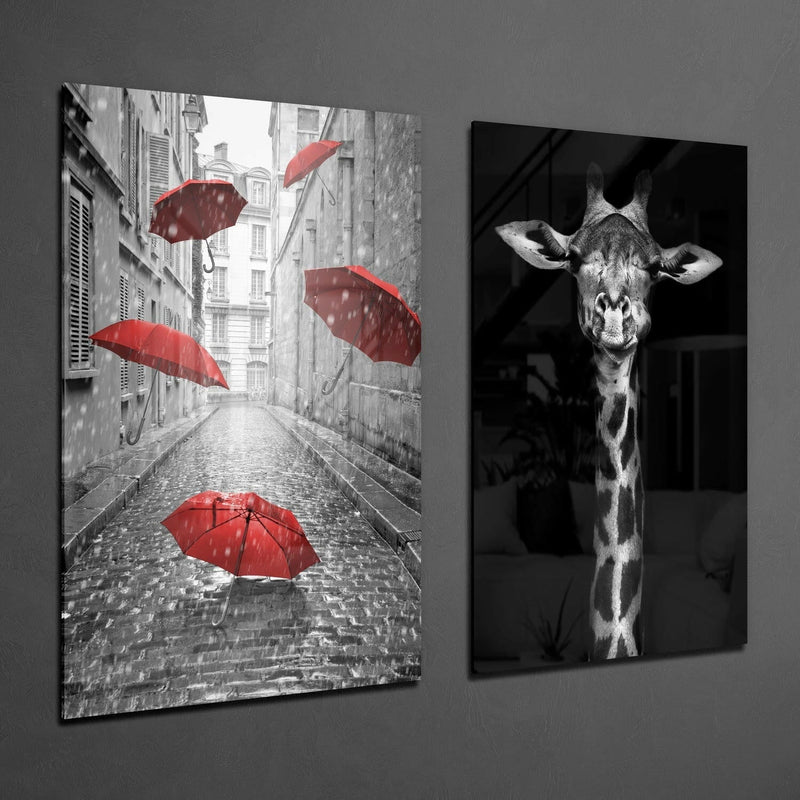 Giraffe and Umbrellas 2 Pieces Combine Glass Wall Art