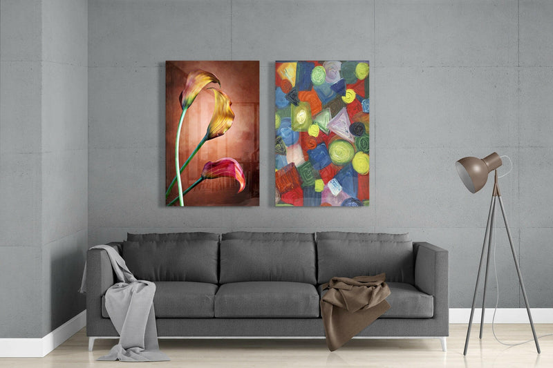 Tulips and Shapes 2 Pieces Combine Glass Wall Art