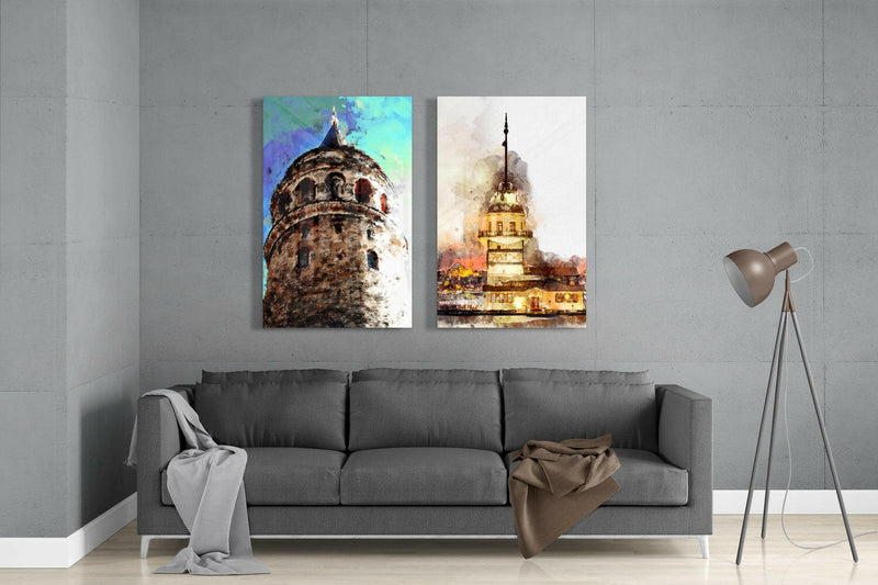 Galata Tower and Maiden's Tower 2 Pieces Combine Glass Wall Art