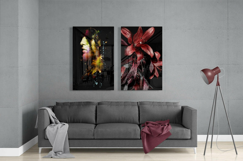 Man and Flower 2 Pieces Combine Glass Wall Art