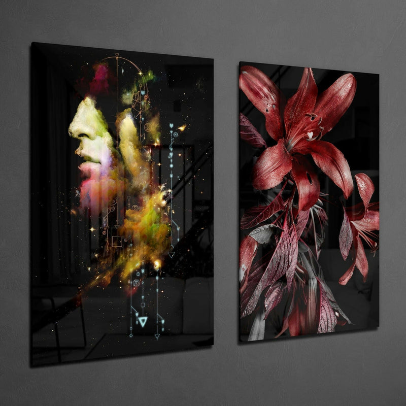 Man and Flower 2 Pieces Combine Glass Wall Art