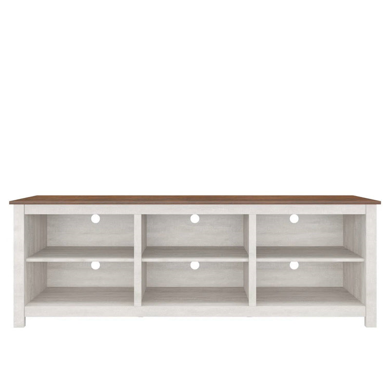 Farmhouse TV Stand in Grey Oak with Brown Wood Finish Top for TVs up to 70-inch