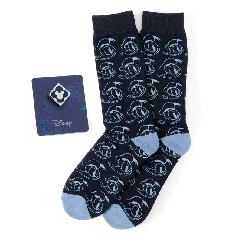 Disney Donald Duck Patterned Blue Socks and Mickey Mouse Blue Lapel Pin Gift Set