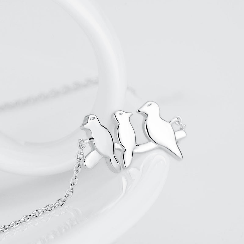 Sterling Silver Birds Perched on Branch Necklace