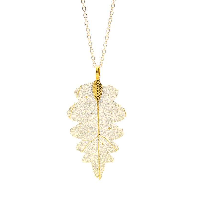18K Gold and White Gold 24" Handmade Natural Oak Leaf Pendant Necklace
