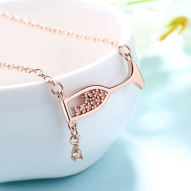 Sterling Silver Champagne Glass Cubic Zirconia Pendant Necklace