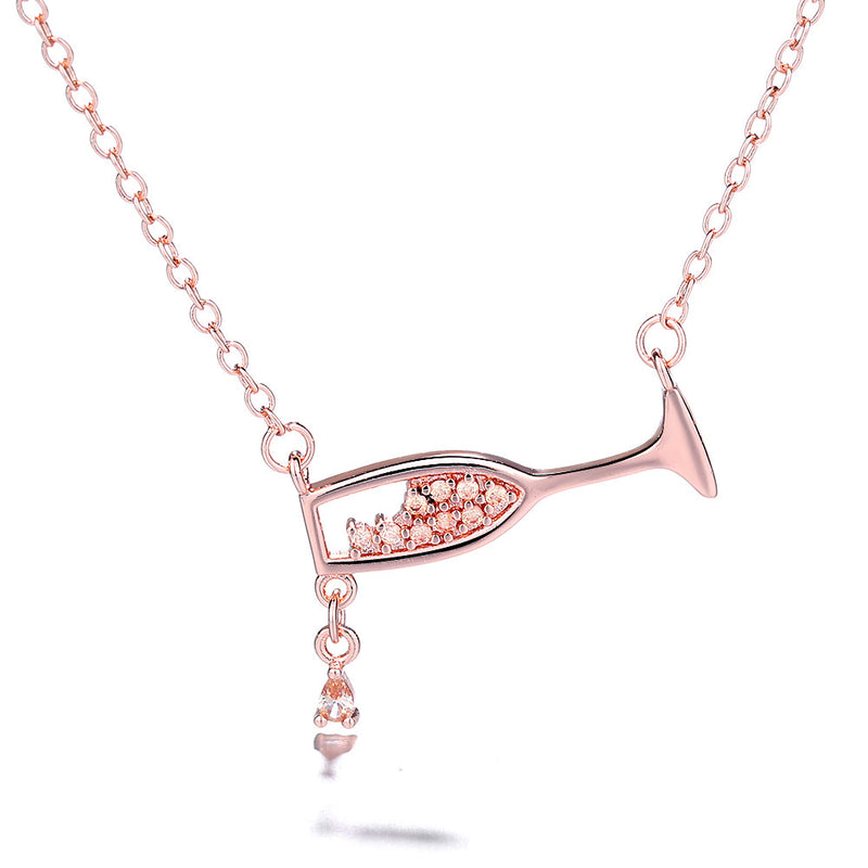 Sterling Silver Champagne Glass Cubic Zirconia Pendant Necklace