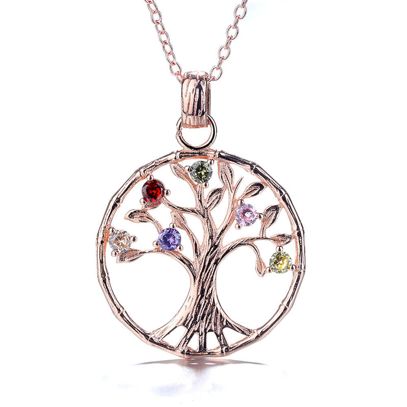 18K Rose Gold and Sterling Silver Multi-Color Gemstone Tree of Life Pendant Necklace