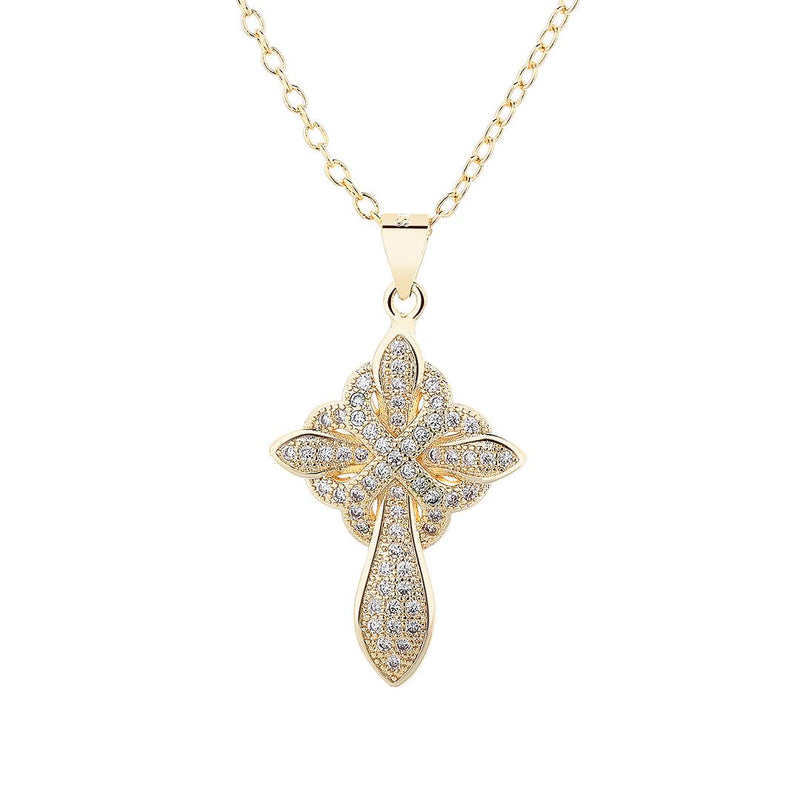 14K Gold And Sterling Silver Studded Cross Pendant Necklace