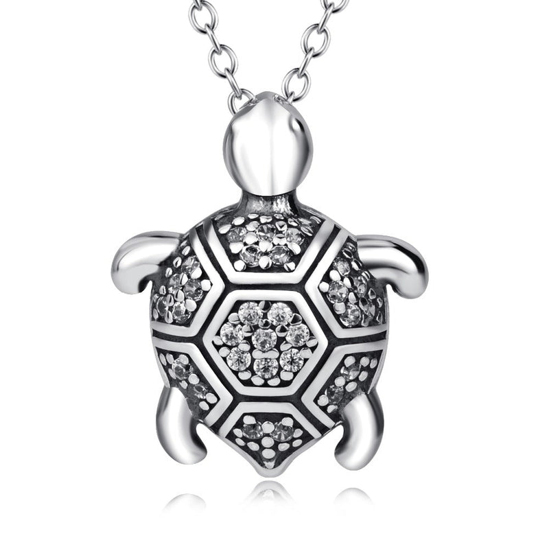 Solid Sterling Silver Turtle Pendant Necklace with Genuine Crystals