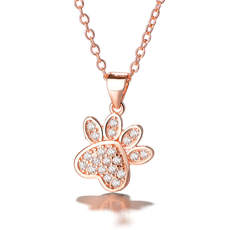 18k Rose Gold And Sterling Silver Genuine Crystal Paw Pendant Necklace