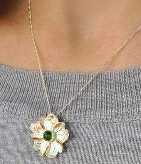14K Gold and Sterling Silver Jade Peony Flower Pendant Necklace