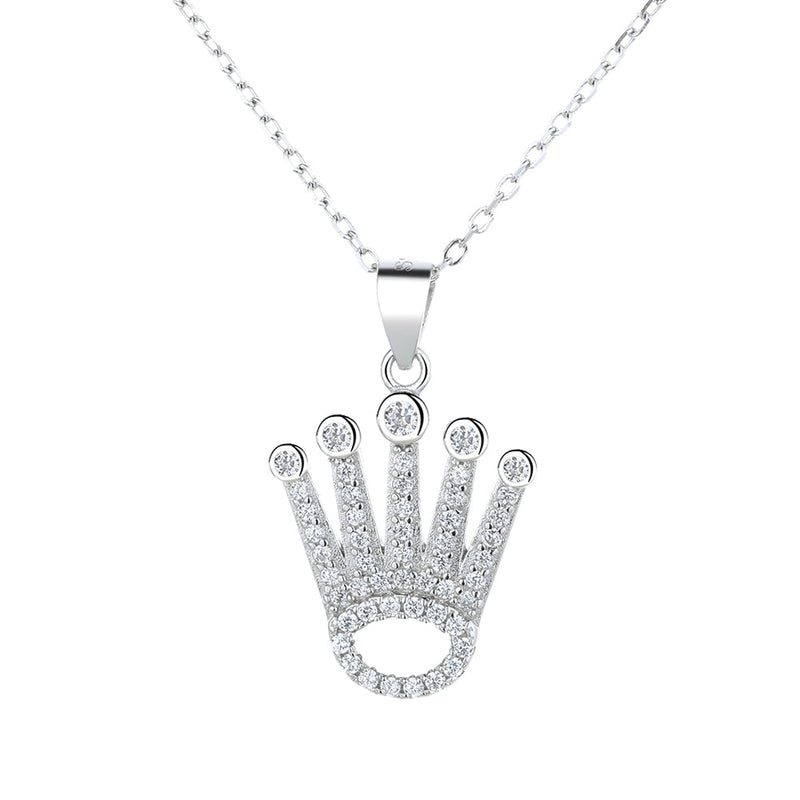 Sterling Silver Crown Pendant Necklace with Crystals