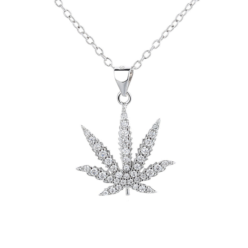 18K White Gold Leaf Hemp Necklace with crystals