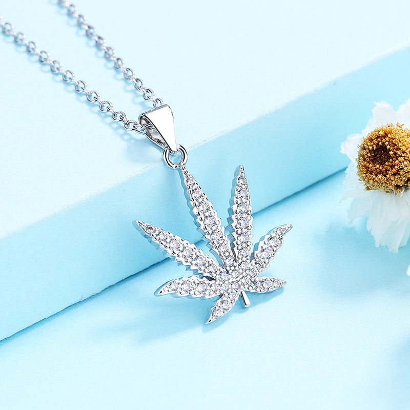 18K White Gold Leaf Hemp Necklace with crystals