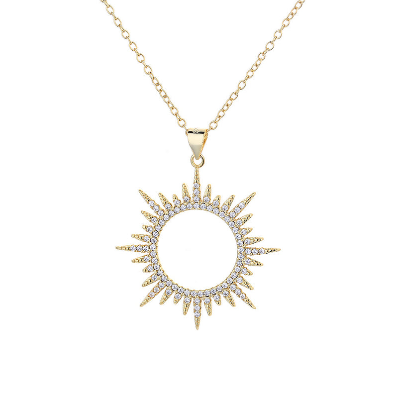 14K Gold and Sterling Silver Sunburst Pendant Necklace with crystals