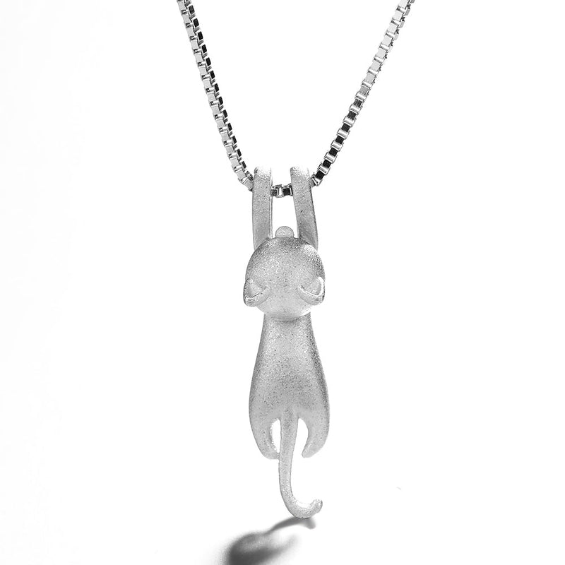 Solid Sterling Silver Hanging Cat Pendant Necklace