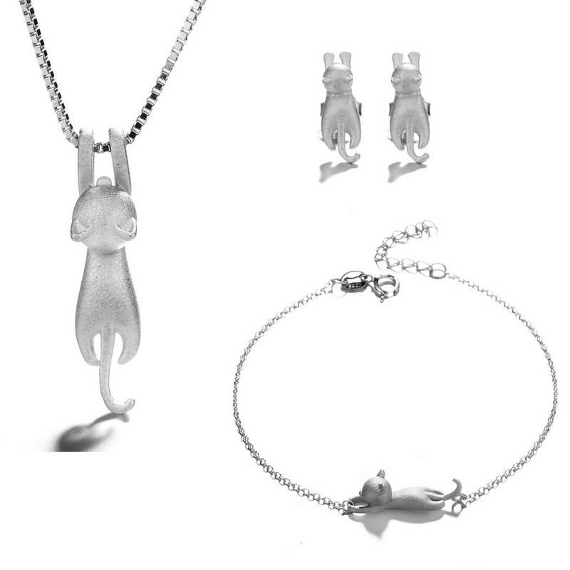 Sterling Silver Hanging Cat Pendant Necklace, Bracelet & Earring Set