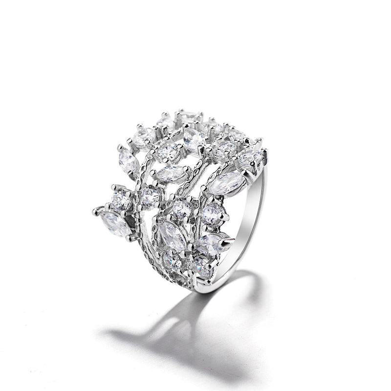 14K White Gold Plated Crystal Plated Leaf Ring with crystals