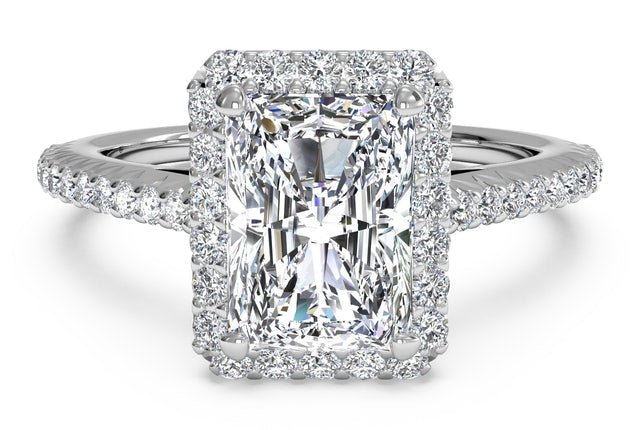 Halo Engagement Ring with Simulated Diamond in 18K White Gold