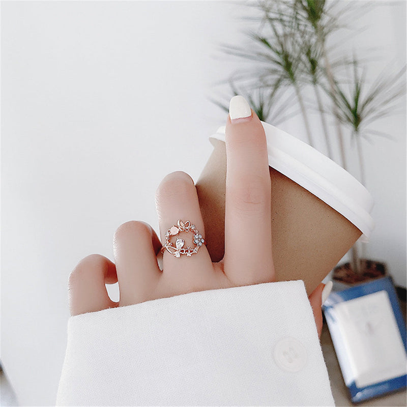 14K Yellow or Rose Gold Adjustable Ring with Crystals