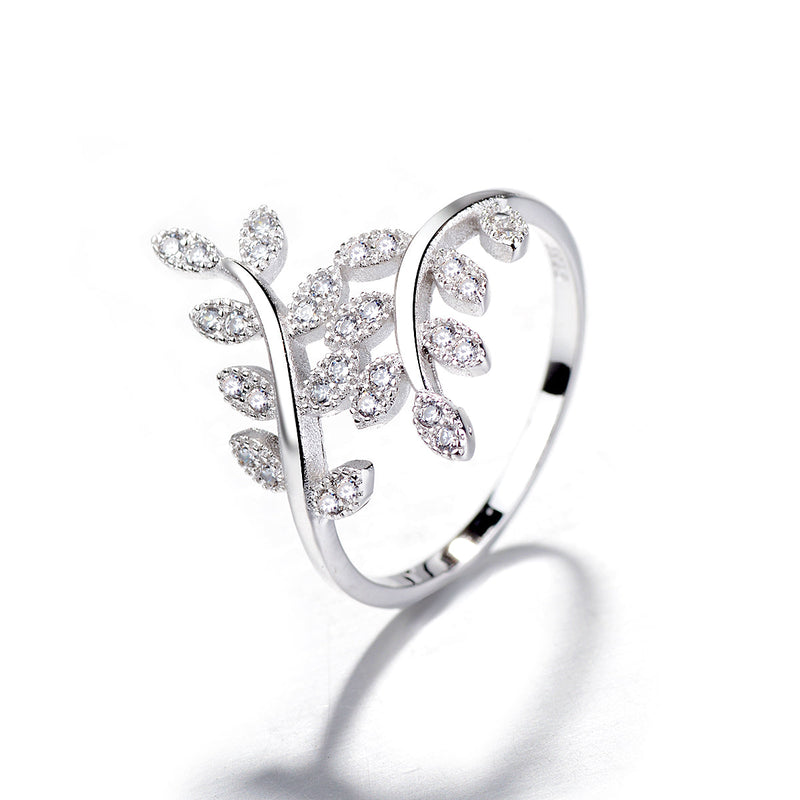 Sterling Silver Genuine Crystal Leaf Bypass Ring