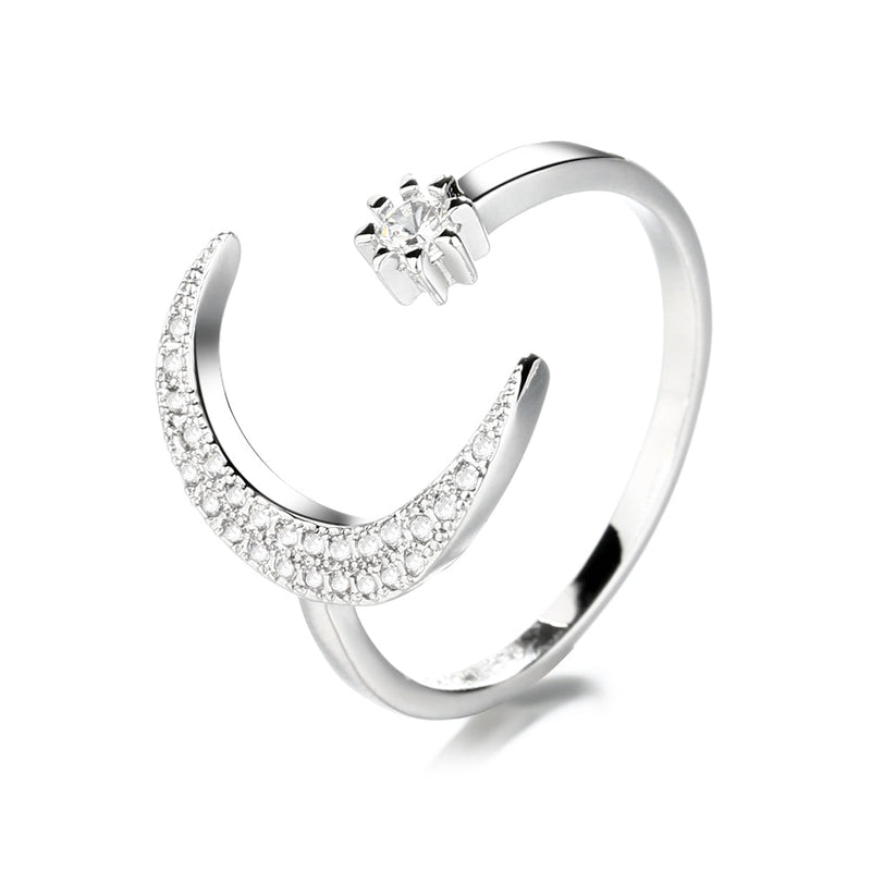 Sterling Silver Crescent Moon Bypass Ring with Crystals
