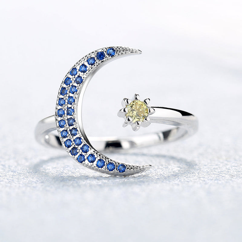 Sterling Silver Crescent Moon Bypass Ring with Crystals