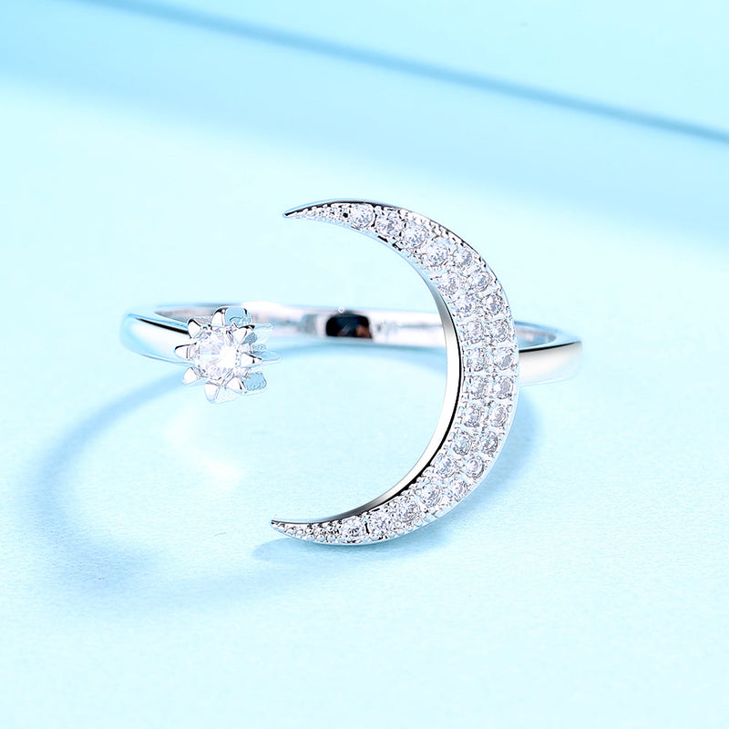 Sterling Silver Crescent Moon Bypass Ring with Crystals