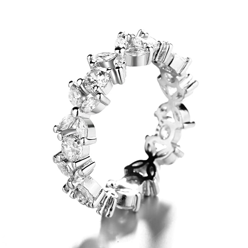 14K White Gold Flower Eternity Ring with Crystals