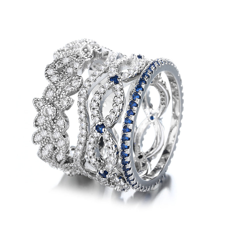 Blue and White Sapphire Ring Set in 14K White Gold (Stackable)