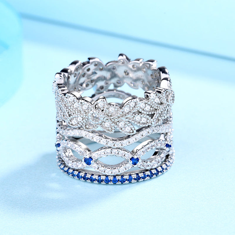 Blue and White Sapphire Ring Set in 14K White Gold (Stackable)