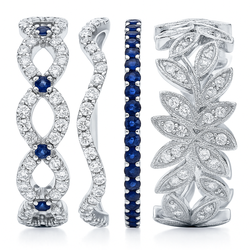 Blue and White Sapphire Ring Set in 14K White Gold (Stackable)