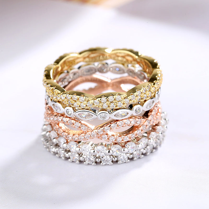14K Gold Five-Piece Stack Pavé Band Set with Crystals