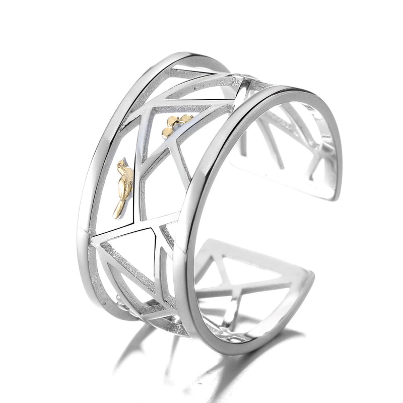 14K Two-Tone Bird sitting on Winding Branch Ring