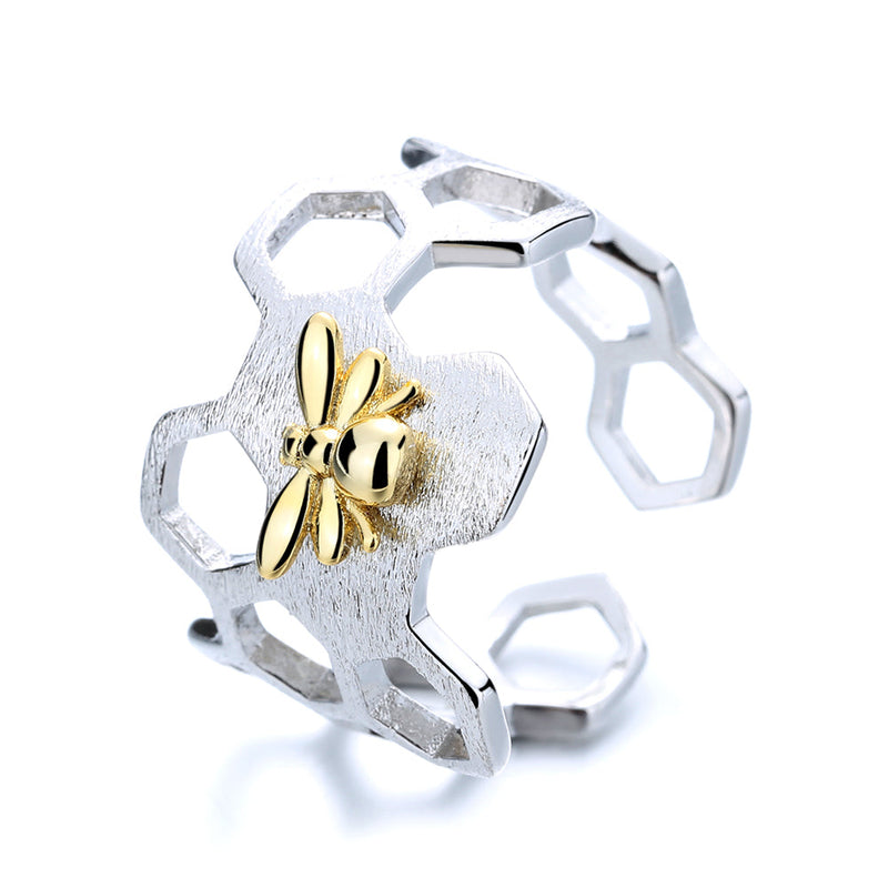Sterling Silver Bee and Honey Comb Bypass Ring