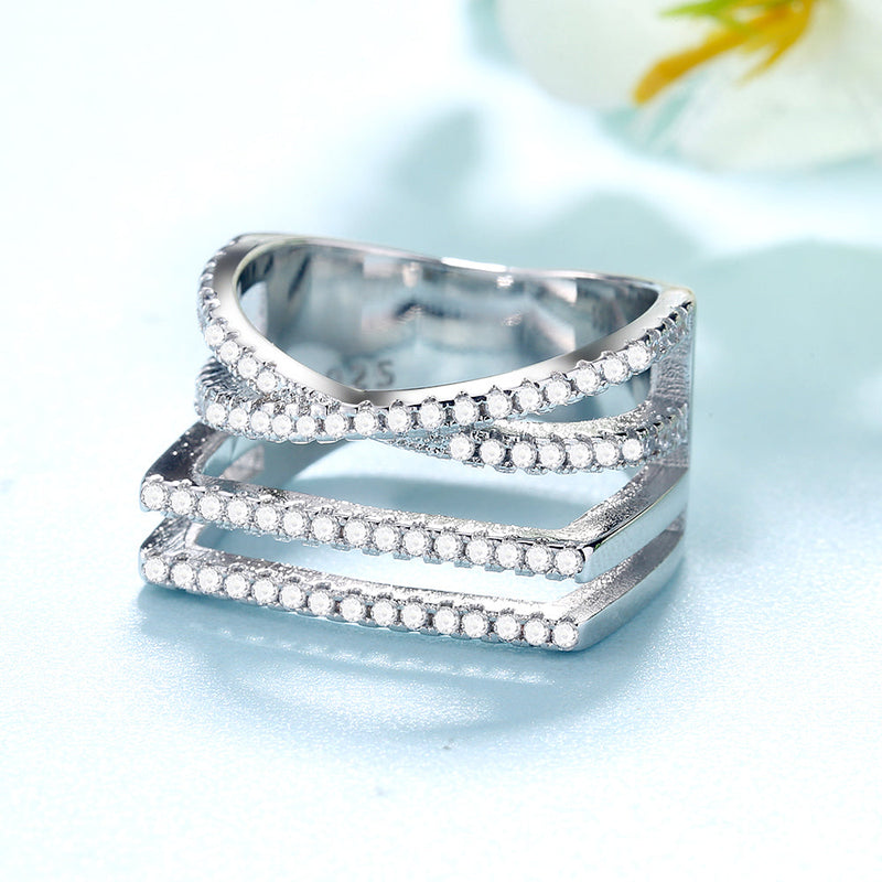 Silver-Tone Four-Row Geometric Ring with crystals from Swarovski