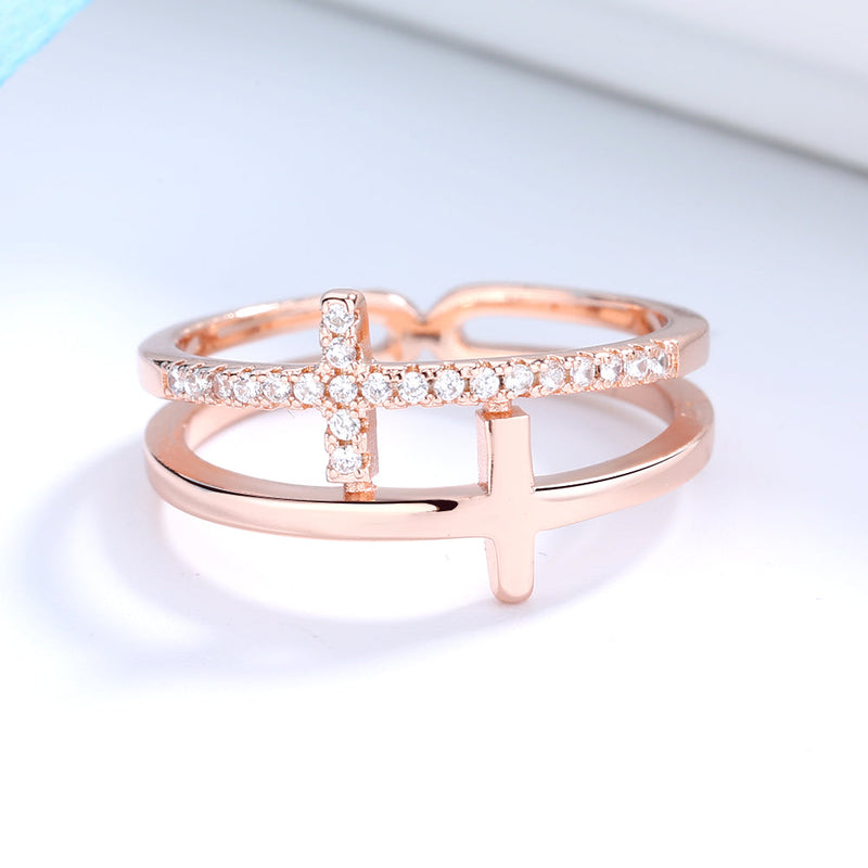 18k White Gold, Yellow Gold. and Rose Gold Sideways Cross Ring with Crystals