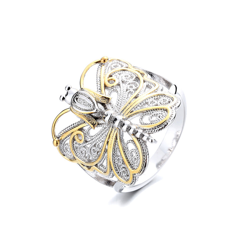 Amy and Annette 14K Gold Artisan Two-Tone Filigree Dragonfly Ring
