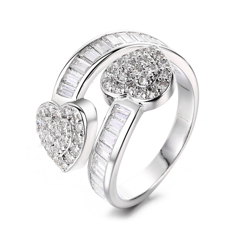 18K White Gold Double Heart Bypass Ring with crystals from Swarovski
