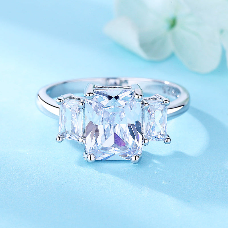 Sterling Silver Emerald Cut Engagement Ring with crystals