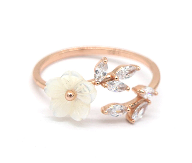 14K Rose Gold Floral Bypass Ring With Crystals