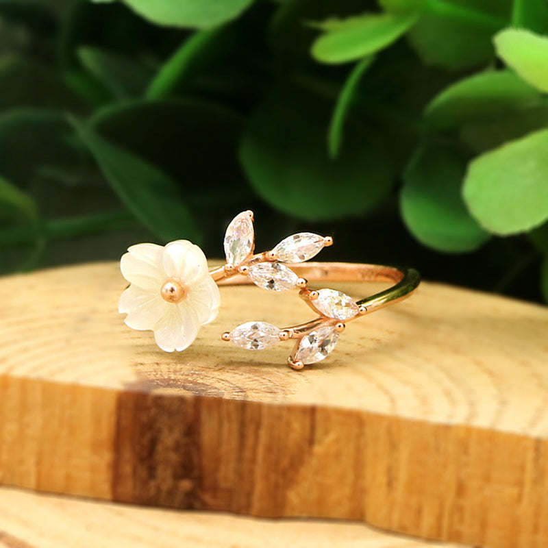 14K Rose Gold Floral Bypass Ring With Crystals