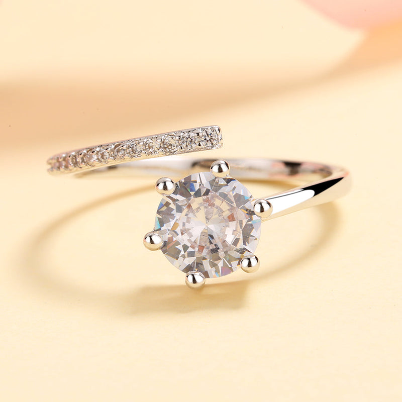 Sterling Silver Overlap Adjustable Ring with Simulated Diamond