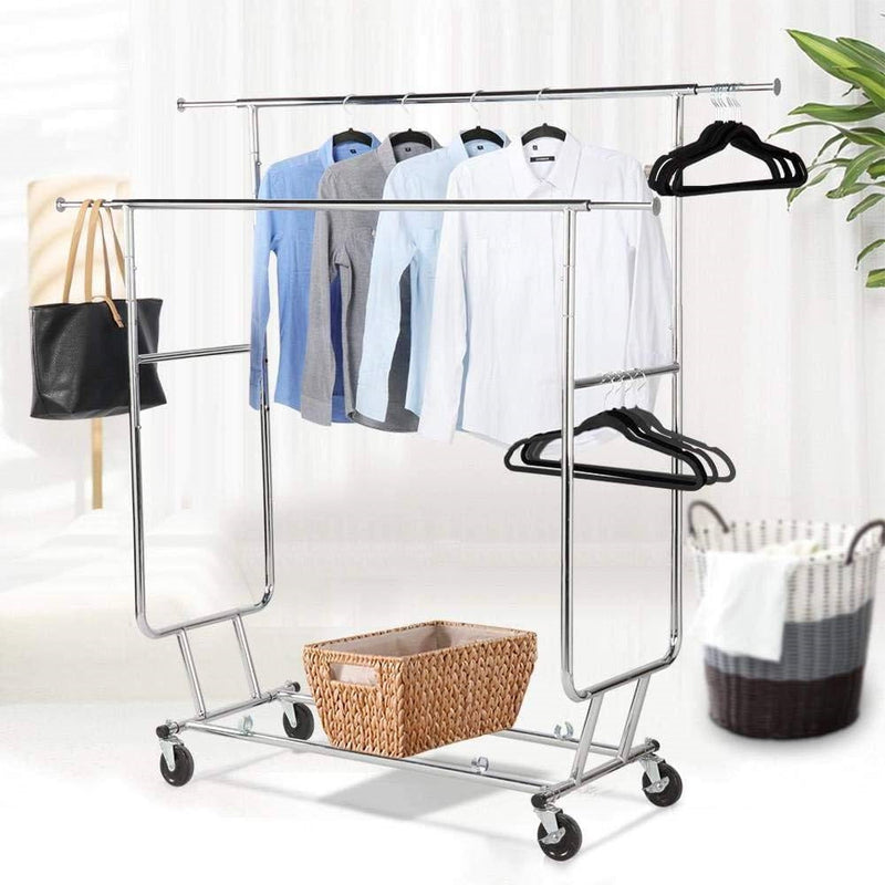 Heavy Duty Double Bar Clothes Hanging Garment Rack on Lockable Wheels