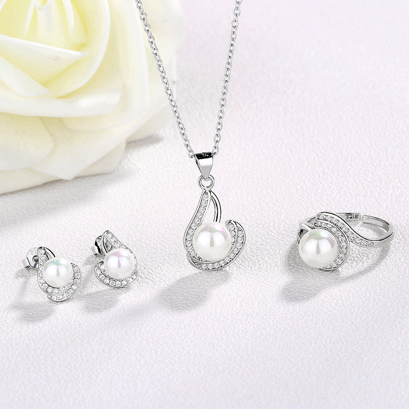 Sterling Silver J Halo Cultured Pearl and White Topaz (4-Piece Set)