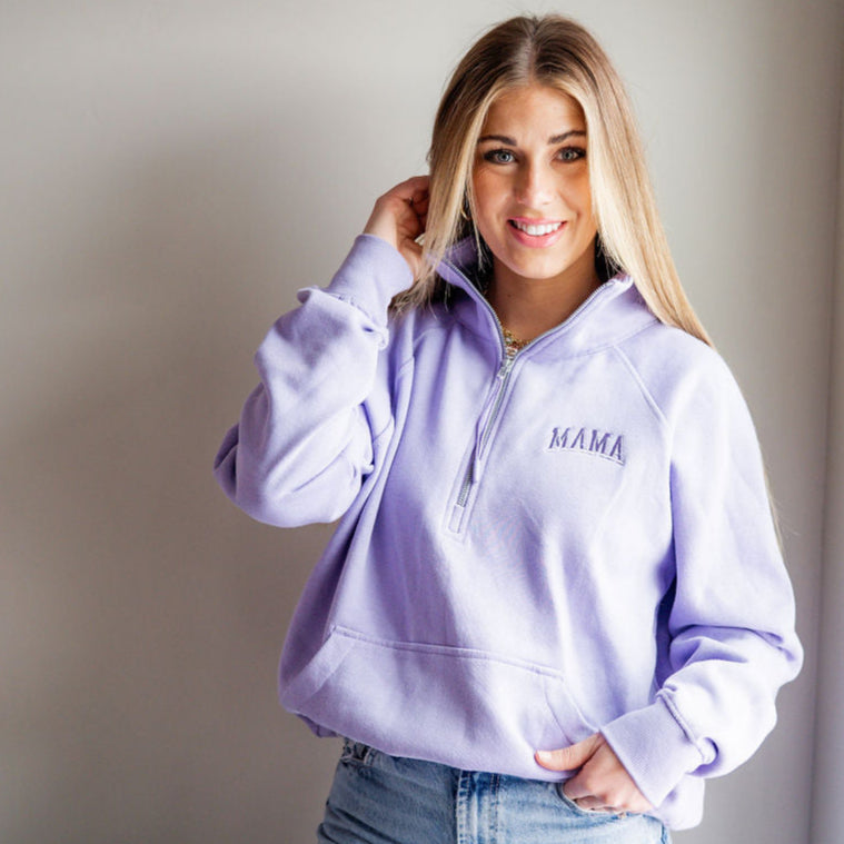 Embroidered - MAMA Arched (Tone on Tone) - Purple Quarter Zip Fleece