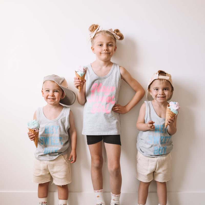 LMSS X JENN HALLAK - Hey Sweet Girl - GRAY w/ Bright Pink - YOUTH JERSEY TANK