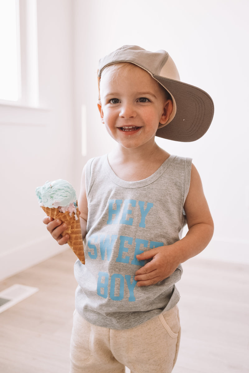 LMSS X JENN HALLAK - Hey Sweet Boy - GRAY w/ Bright Blue - YOUTH JERSEY TANK